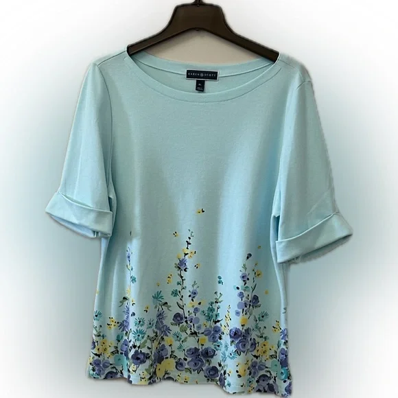 Karen Scott Floral Top with boat Neck & Wide Arm Cuff. Women’s XL EUC - Picture 1 of 13